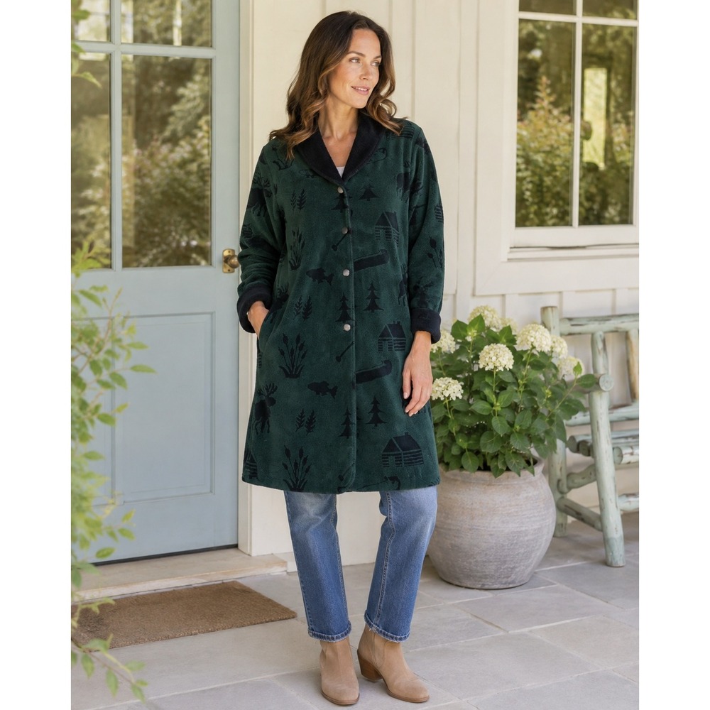 Denali Fleece Robe Womens Medium‎ Green Black Cabin Moose Lodge Button Front USA